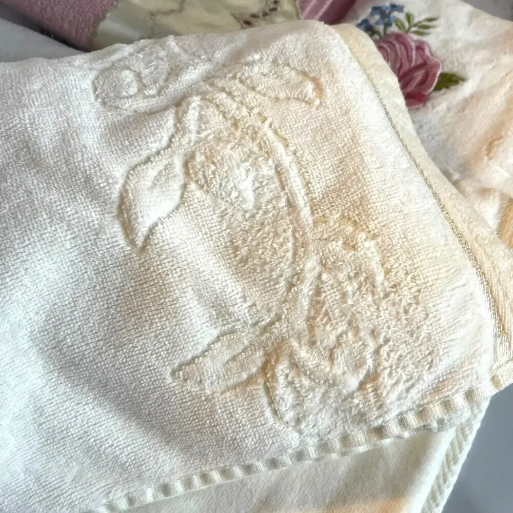 Vintage After Bath Luxury 3pc Towel Set Pink Rose Floral Made in USA